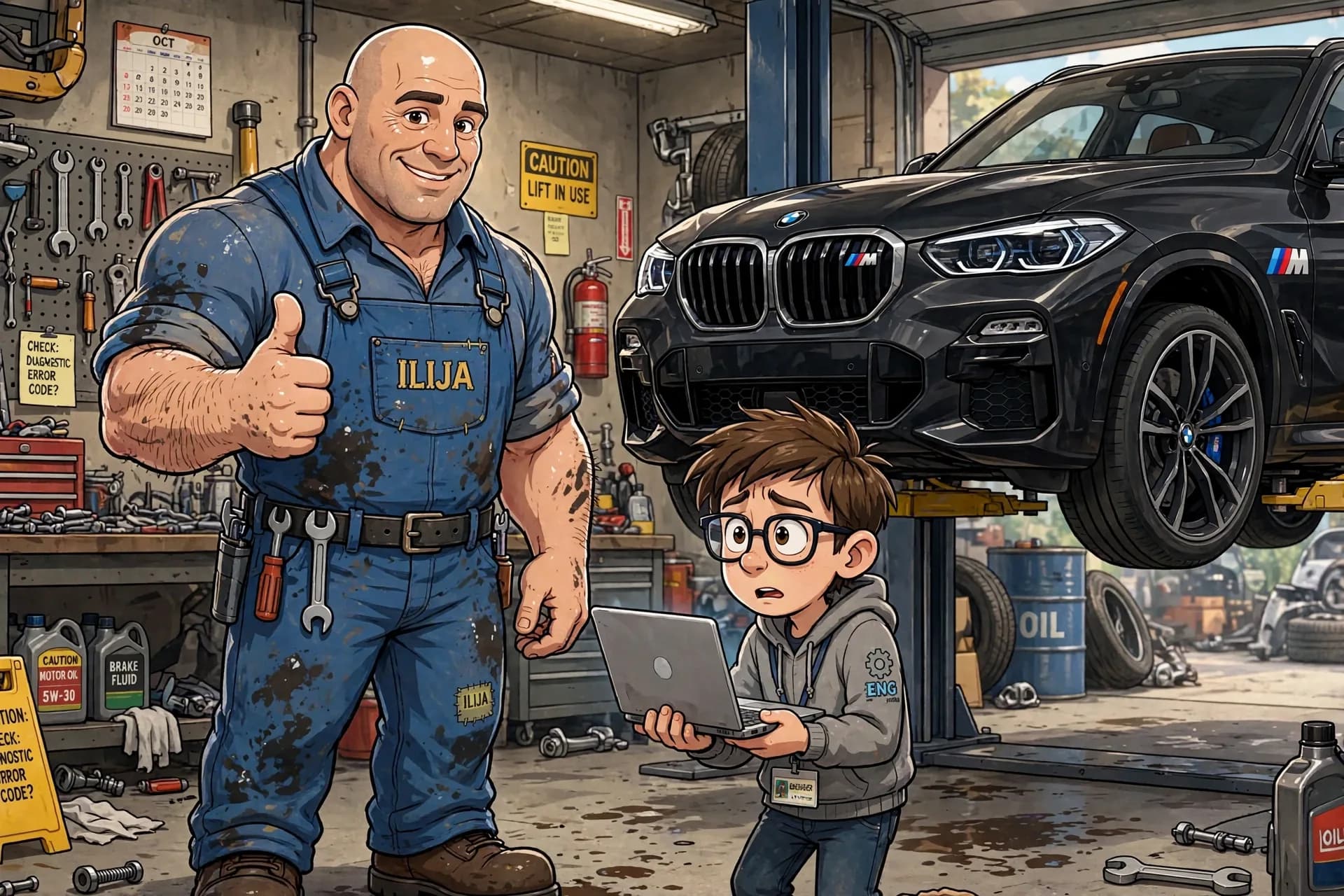 Majstor Ilija, mehaničar sa palcem gore, pored BMW X5 M na dizalici u garaži